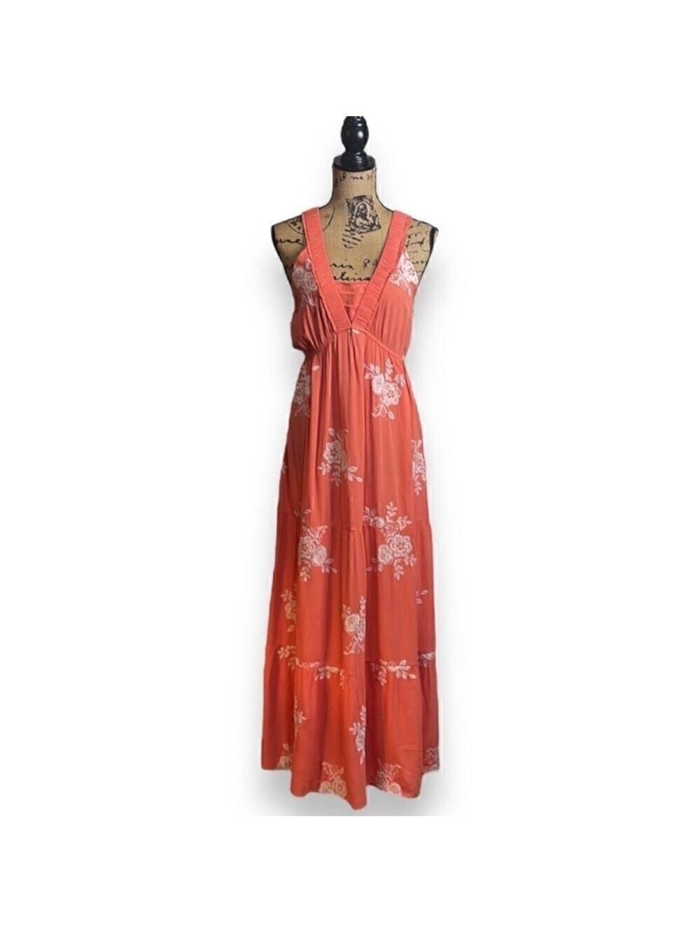 Coral Embroidered Maxi Dress Women's Size Medium V-Neck Elastic Waist Blue Rain - Picture 3 of 9